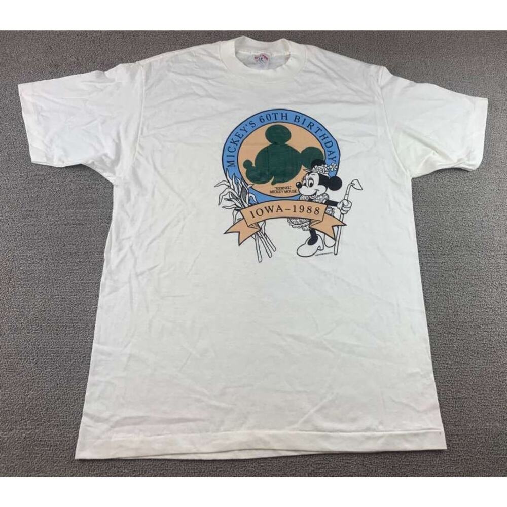 Vintage Tee Jays XL White Disney Mickey 60th Birthday T Shirt 1988 IOWA USA Made